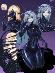 absurdres assertive_sub blonde_hair blue_eyes blue_hair bodysuit breast_expansion breasts cartethyia corruption elf_ears evil_smile eyebrows_visible_through_hair femsub fktu5453 fleurdelys frieren:_beyond_journey&#039;s_end gradient_background hair_color_change large_breasts meme multiple_girls multiple_subs multiple_views purple_background resisting restrained signature simple_background small_breasts smile symbiote tight_clothing wuthering_waves