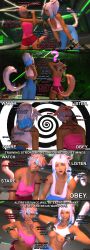  3d animal_ears blue_hair breasts cat_girl comic dark_skin eutrope_(final_fantasy_xiv) exhibitionism exposed_chest female_only femsub final_fantasy final_fantasy_xiv finger_in_mouth green_eyes gym gym_uniform happy_trance hypnotic_screen miqo'te multicolored_hair nipples open_mouth pink_hair purple_hair resisting shorts sisters slouching spiral_eyes tail text veylumskies yaana_(final_fantasy_xiv) yellow_eyes yoga_pants 