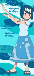  blue_hair dancing dress femsub happy_trance hypnolordx lana's_mother nintendo pokemon sandals spiral_eyes text 
