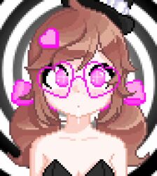 animated bare_shoulders blush brown_hair cleavage dialogue drool english_audio eye_roll fabius female_only femdom femsub freckles glasses hair_clips hair_ornament hat long_hair magician original pendulum pink_eyes pixel_art pocket_watch rosie_(fabius) sound spiral spiral_background symbol_in_eyes top_hat twintails video voice_acted