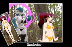 3d bikini blue_hair border brown_eyes brown_hair female_only femdom femsub forest gardevoir glasses glowing_eyes hand_on_hip hypnobrother lab_coat large_breasts light_skin long_hair nintendo outdoors persona_(series) persona_4 pink_eyes pokemon pokemon_(creature) psychic red_eyes rise_kujikawa short_hair swimsuit thighhighs twintails white_skin whitewash_eyes 