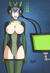  alerith bangs blue_eyes blue_hair brain_drain breasts breasts_outside choker collarbone empty_eyes female_only femsub happy_trance helmet large_breasts leotard monitor nipples open_mouth original short_hair signature simple_background smile standing standing_at_attention thighhighs tongue tongue_out 