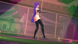 3d animated ass bare_shoulders choker cleavage clothed_exposure crotch_tattoo dancer dancing gloves kara_kikai koikatsu! large_breasts latex looking_at_viewer mirror opera_gloves pole_dancing purple_eyes rubber shoes side_ponytail sling_bikini smile tattoo thighhighs very_long_hair video