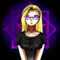 blonde_hair expressionless femsub glasses glowing glowing_eyes hypnogoat666 long_hair magic open_mouth original standing standing_at_attention