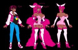 absurdres ass_expansion before_and_after bimbofication bimbophi breast_expansion breasts choker cleavage femsub garter_belt gloves hair_growth high_heels jacket jeans long_hair mascara multicolored_hair pink_hair pink_lipstick puckered_lips sneakers symbol_in_eyes thighhighs