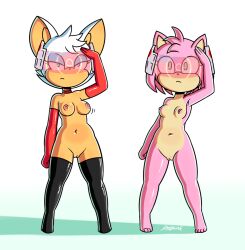  amy_rose bat_girl bottomless breasts disfigure female_only femsub furry gloves hedgehog_girl hypnotic_accessory large_breasts nude opera_gloves rouge_the_bat saluting sonic_the_hedgehog_(series) standing standing_at_attention tech_control thighhighs topless visor 