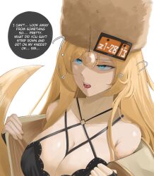 blonde_hair blue_eyes breasts cleavage coin dialogue english_text eroborne femsub guilty_gear hat looking_at_viewer millia_rage pendulum ring_eyes speech_bubble text undressing very_long_hair