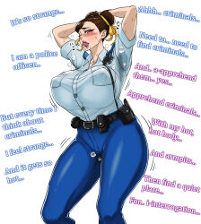  armpits breasts breath capcom caption caption_only chun-li double_hair_bun erect_nipples female_only femsub hair_buns happy_trance huge_breasts manip naughty_face numahana panting police_uniform policewoman smell solo street_fighter sweat t323_(manipper) text tongue tongue_out unaware 