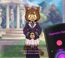  artist_request cat_girl cobalt_snow dialogue english_text femsub furry gameoverse hypnotic_app kit_bodega_(gameoverse) phone skirt tagme text uniform 