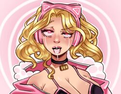  blonde_hair bra breasts cat_ears choker cleavage clothed drool eye_roll eyebrows_visible_through_hair female_only femsub headphones heart_eyes huge_breasts hypnotic_audio original peachmutt pink_eyes pink_lipstick short_hair signature simple_background solo spiral_background tears tongue tongue_out 
