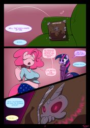 book breasts comic furry horns horse_girl large_breasts long_hair magic multicolored_hair my_little_pony pajamas personification pink_hair pinkie_pie purple_hair slypon text twilight_sparkle unicorn_girl