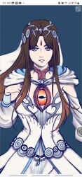 alternate_costume anankos_(fire_emblem) breasts brown_hair cleavage corruption crystal dress english_text facial_markings femsub fire_emblem fire_emblem_fates fire_emblem_heroes flowersofsakura flowerya_(flowersofsakura) green_eyes happy_trance kiran_(fire_emblem) long_hair looking_at_viewer maledom nintendo orange_eyes original possession slit_pupils smile text veil