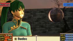  3d amateurthrowaway animated animated_gif breasts clothed empty_eyes female_only femsub fire_emblem fire_emblem_the_blazing_blade gag green_hair hypnotic_orb large_breasts long_hair lyndis magic nintendo orb ponytail resisting source_filmmaker tape_gag text 
