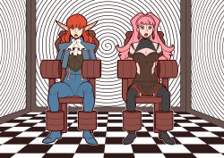  chair crossover drool ef-nsfw eiselin_burchelli_meijal_hulkenberg elf_ears fire_emblem fire_emblem_three_houses hilda_valentine_goneril hypnotic_screen long_hair mad_mod metaphor:refantazio open_mouth pink_hair red_hair restrained spiral spiral_eyes symbol_in_eyes tagme teen_titans 