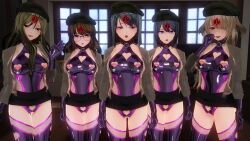  3d bangs beret black_hair black_lipstick blue_eyes breasts brown_eyes brown_hair cleavage_cutout collar control_indicator cosplay crotch_cutout crotch_tattoo custom_maid_3d_2 eyeshadow female_only femsub glasses gloves green_hair happy_trance hat jacket leotard li_q long_hair looking_at_viewer makeup multiple_girls multiple_subs nipple_cutout nipple_piercing nipples original purple_eyes short_hair skirt skirt_lift smile standing taimanin_(series) tattoo thigh_boots thighhighs 