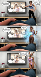  3d ass ass_expansion bimbofication blonde_hair breast_expansion breasts brown_hair bulge cleavage comic crop_top dynamoob erection_under_clothes eyeshadow femsub hair_growth huge_breasts large_ass large_breasts lipstick long_hair maledom midriff sequence short_hair text transformation twinning 