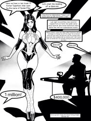 auction aware bimbofication black_hair breasts cleavage dialogue erect_nipples femsub greyscale high_heels large_breasts large_hips long_hair maledom marvel_comics sampleguy spider-man spider-man_(series) super_hero text thought_bubble transformation transgender western