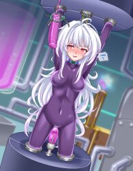  absurdres ahoge arms_above_head blush bodysuit breasts cables collar dildo fate/prototype fate_(series) female_only femsub headphones latex long_hair merlin_(fate/prototype) open_mouth oxygen_mask pink_eyes restrained rubber sanku smile solo sweat very_long_hair white_hair wires 
