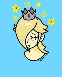 blonde_hair blue_eyes confused crown dazed eepydoodlezzz femsub hair_covering_one_eye heavy_eyelids nintendo princess princess_rosalina simple_background sleepy solo spiral super_mario_bros. topless