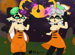 black_hair breasts callie_(splatoon) expressionless halloween marie_(splatoon) multiple_girls multiple_subs pendulum spiral_eyes splatoon white_hair