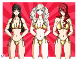  alerith alternate_costume ann_takamaki arms_behind_back bare_shoulders bikini bikini_bottom bikini_top black_hair cleavage clothed costume gold golden_swimsuit hair_covering_one_eye heart heart_eyes long_hair midriff mitsuru_kirijo multiple_girls multiple_subs navel persona_(series) persona_3 persona_4 persona_5 platinum_blonde_hair red_hair symbol symbol_in_eyes thighs yukiko_amagi 