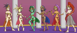 anklet arm_bands arms_above_head bare_legs barefoot black_hair blonde_hair blue_eyes blush bracelet circlet cleavage clothed collar collarbone dancing dark_skin earrings egyptian elf_ears female_only femsub green_eyes green_hair green_skin grey_eyes hair_covering_one_eye hand_on_hip harem harem_outfit harmony_(shantae) jewelry light_skin long_hair multiple_girls multiple_subs mythkaz navel open_mouth plink_(shantae) ponytail purple_hair red_eyes red_hair rottytops shantae shantae_(series) smile stage standing tan_skin tiptoes twintails vera_(shantae) very_long_hair zapple_(shantae)