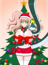 absurdres bow chin_hold christmas christmas_tree dangan_ronpa disney femsub happy_trance huge_breasts jimryu junko_enoshima kaa kaa_eyes opera_gloves ribbon santa_costume santa_hat smile snake standing the_jungle_book thighhighs twintails