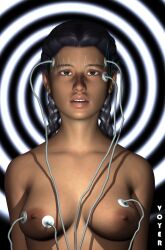 3d black_hair braid breasts brown_eyes cables dark_skin female_only femsub original spiral tech_control topless twin_braids voyer