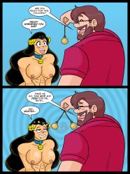  beard blush brown_hair collar columbia_(maggotmike) consensual dialogue drool erect_nipples femsub glasses gradient_background happy_trance heavy_eyelids long_hair maggotmike maledom muscle_girl original pocket_watch sequence spiral_background terry_(kylewtb) text topless 