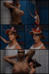 3d armpit_hair armpit_licking armpits comic female_only gym hypnotic_smell junker_queen kiriko_(overwatch) licking locker_room multiple_girls overwatch pocogoco pubic_hair spiral_eyes spiralwash_eyes
