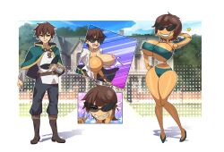  accidental_hypnosis bare_shoulders before_and_after belt bikini bimbofication boots border breasts brown_eyes brown_hair cape clothed collarbone comic doll dollification erasethismail erect_nipples femsub glasses happy_trance high_heels humor hypnotic_accessory kazuma_satou knick_knack kono_subarashii_sekai_ni_shukufuku_wo! large_breasts lipstick malesub nipples one_breast_out pants resisting self_hypnosis shirt skirt smile smug sunglasses sunny_miami swimsuit tan_skin tights transformation transgender tube_top v 