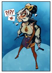  4five1 absurdres breath clothed female_only femsub glasses grey_hair hair_ornament heart heart_eyes high_heels leaning_forward multicolored_eyes nintendo pantyhose purah shirt short_hair simple_background skirt speech_bubble standing tears_of_the_kingdom the_legend_of_zelda white_hair 