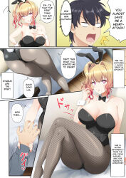  altered_common_sense angry anna_kanda artist_request ass bare_shoulders black_hair blonde_hair blush breasts bunny_girl cleavage collarbone comic crossed_eyes dialogue expressionless femsub fishnets hard_translated heart_eyes large_breasts maledom open_mouth pink_eyes short_hair sitting symbol_in_eyes text translated unaware white_eyes woman_eats_~beautiful_dream_girl_delivery_app~ 