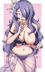 arm_bands bikini breasts camilla_(fire_emblem_fates) cleavage erect_nipples female_only femdom finger_to_mouth fire_emblem fire_emblem_fates flower glowing glowing_eyes hair_covering_one_eye icontrol_(manipper) large_breasts long_hair looking_at_viewer manip navel nintendo nipples pov pov_sub purple_hair scott_bennett see-through smile solo spiral_eyes symbol_in_eyes undressing