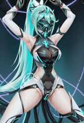  ai_art armpits arms_above_head blue_hair cables cleavage corruption cyan_hair female_only femsub gas_mask gloves glowing gradient_background high_heels large_breasts leotard navel nintendo opera_gloves pneuma_(xenoblade) ponytail see-through simple_background solo spread_legs sweat tech_control thigh_boots thighhighs toirettopepa_no_fukuro_(generator) vaginal vibrator visor wires xenoblade_chronicles xenoblade_chronicles_2 