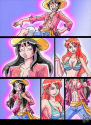 bikini black_hair breasts cleavage comic earrings femdom hair_growth hat jewelry kyo-domesticfucker large_breasts long_hair malesub midriff monkey_d._luffy nami_(one_piece) one_piece open_clothes orange_hair traditional transformation