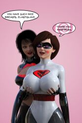  3d breasts dialogue disney elastigirl female_only femdom femsub groping happy_trance helen_parr huge_breasts hypnotic_kiss kissing kisstress_(theheckle) latex lipstick_mark original spiral_eyes super_hero symbol_in_eyes text the_incredibles theheckle 