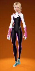 3d animated animated_gif blonde_hair bodysuit fortnite gwen_stacy hypnot-eyes leaning_forward open_mouth slouching spider-gwen spider-man_(series) spiral_eyes super_hero
