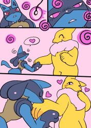  comic eye_color_change female_hypno femdom furry happy_trance heart heavy_eyelids hypno kissing love lucario malesub nintendo pendulum pink_eyes pokemon pokemon_(creature) powerandy purple_eyes red_eyes speech_bubble spiral wholesome 