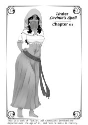  bracelet comic dancer dark_skin earrings english_text eyeshadow femdom fortune_teller greyscale jewelry lavinia_(under_lavinia's_spell) looking_at_viewer midriff navel navel_piercing original pov_sub reqqles tattoo veil 
