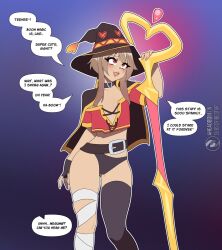  4headboiii bimbofication brown_hair femsub flat_chest kono_subarashii_sekai_ni_shukufuku_wo! legs megumin_(konosuba) midriff panties red_eyes small_breasts staff tagme text thighhighs witch_hat 