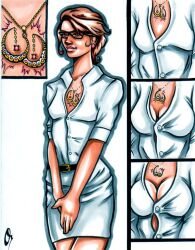 bimbofication breast_expansion breasts brown_hair cleavage comic corruption femsub glasses hypnotic_accessory necklace original orvilleart possession