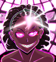 assertive_sub brown_hair collarbone complex_background dark_skin fangs female_only femsub glowing glowing_eyes hair_band happy_trance heart majinsfw monitor original pink_background pink_eyes pink_sclera short_hair smile solo spiralwash_eyes
