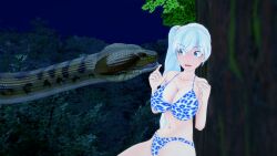  3d bikini blue_eyes breasts disney kaa large_breasts leopard_print lipstick long_hair makeup mmd mrkoiru outdoors pale_skin ponytail rwby sitting snake surprised the_jungle_book trees weiss_schnee white_hair 