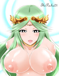 blush bottomless breasts female_only femdom frostbyte_(manipper) goddess green_hair kid_icarus large_breasts looking_at_viewer manip necklace nintendo nude open_mouth palutena pov pov_sub spiral_eyes symbol_in_eyes topless 