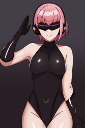 clefla drone expressionless female_only femsub gloves gradient_background headphones leotard original pink_hair rubber saluting short_hair simple_background solo standing tech_control visor 