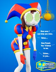 3d androgynous_dom blue_background brown_hair clown_girl crossover dialogue english_text femsub fortnite hypnot-eyes jester pendulum pocket_watch pomni simple_background spiral_eyes supercasket text the_amazing_digital_circus