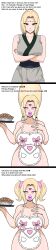  absurdres apron beehive_hair before_and_after bimbofication blonde_hair breasts brown_eyes cleavage clothed dialogue english_text eye_color_change femsub food heart heart_eyes huge_breasts huge_lips instant_loss kei lip_expansion lipstick makeup milf naked_apron naruto_(series) nude pink_eyes pink_lipstick simple_background stepfordization symbol_in_eyes text tray tsunade twintails white_background 