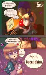 blue_eyes blush breasts comic female_only femsub hypnotic_kiss keito_(tokei-chan) ki_(tokei-chan) original purple_hair spanish_text text tokei-chan