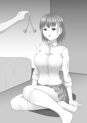 absurdres ai-chan_(tawawa_on_monday) barefoot blush breasts coin dazed empty_eyes expressionless feet female_only femsub greyscale hypnorium kneeling large_breasts open_mouth pendulum short_hair skirt tawawa_on_monday unaware